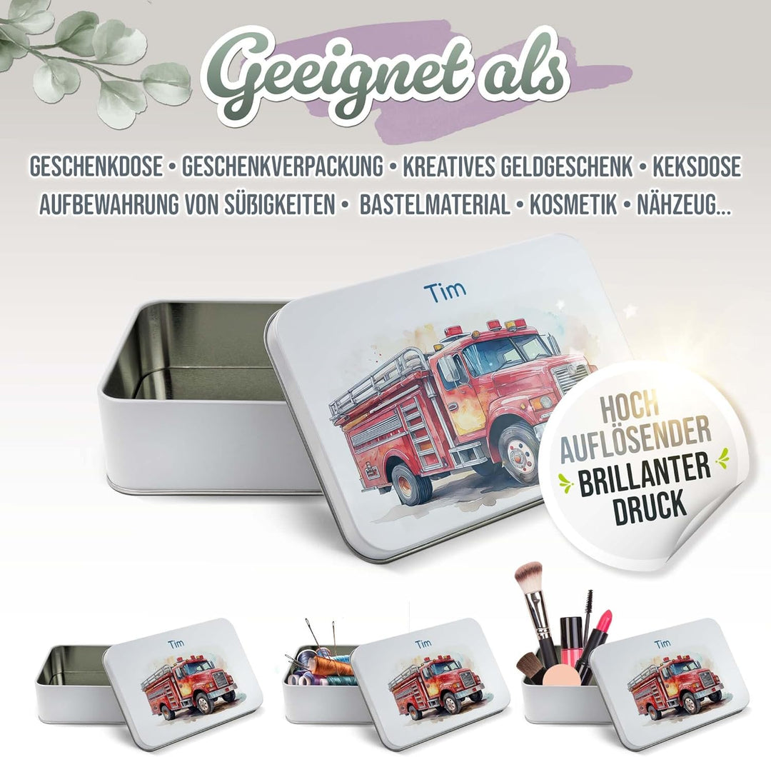 Print Royal PR Erinnerungsbox für Kinder mit Name - Feuerwehr - Blechdose bedrucken, Geschenkdose -