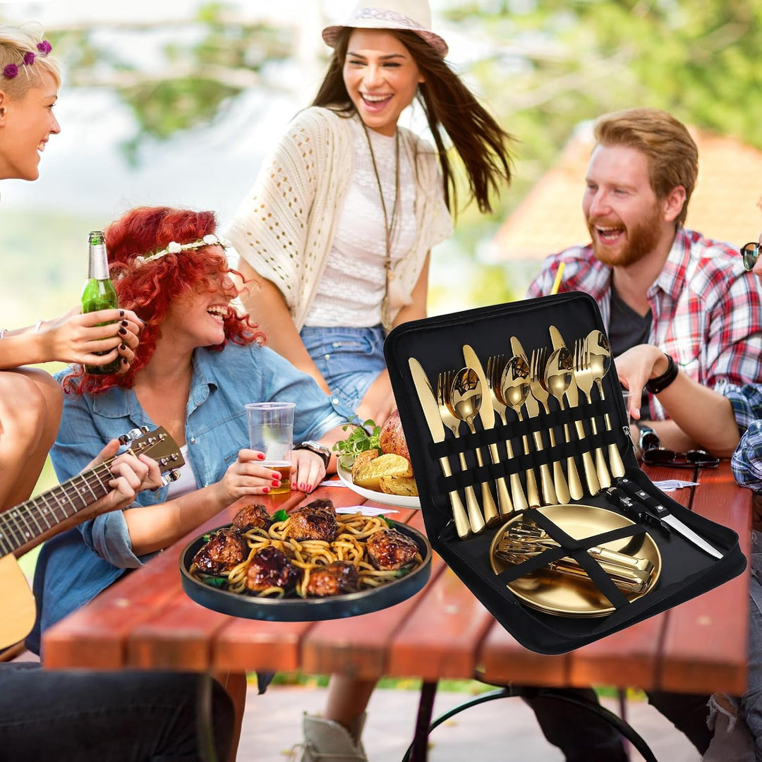 Camping Geschirr Set für 4 Personen, 20 Stück Tragbars Campingbesteck Set aus Edelstahl für Picknick