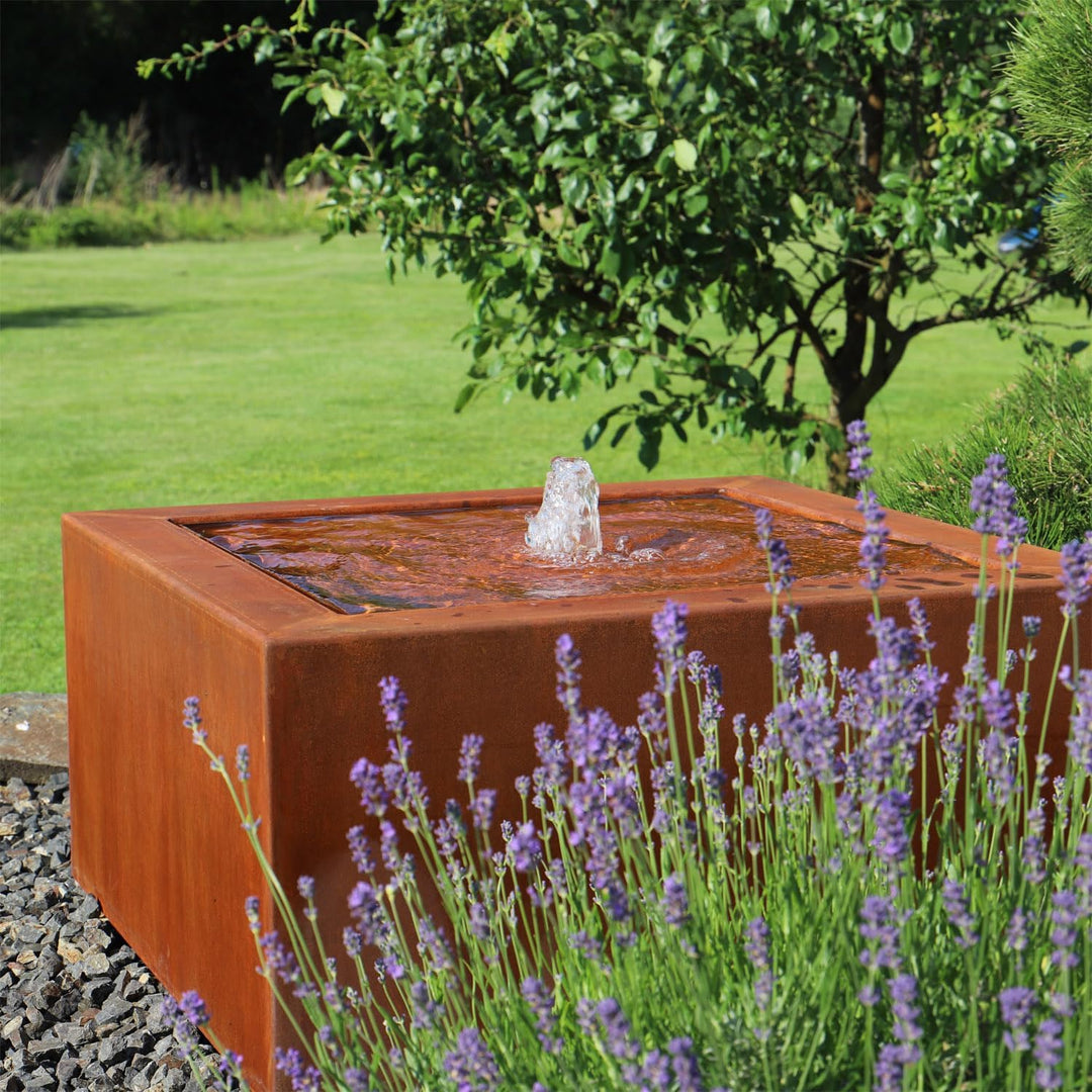 Cortenstahl Brunnen Quadro Quellbrunnen für Garten &amp; Terrasse | Set mit LED Beleuchtung, Viereckig,