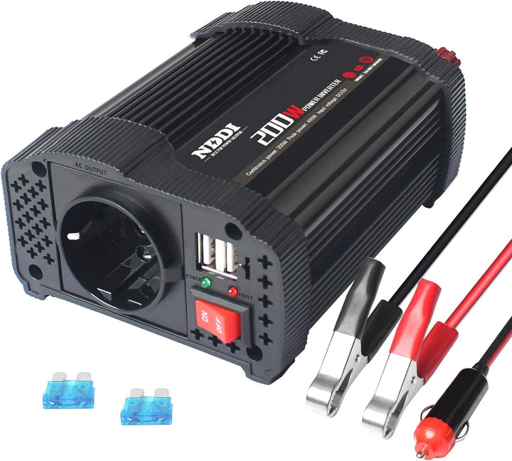 NDDI 200W Car Wechselrichter, 12V DC auf 230V AC Spannungswandler mit Dual USB Autoladegerät und 1 A
