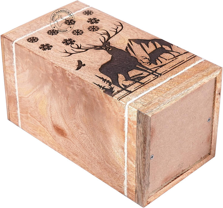 Handgefertigte Holzurne mit floraler Gravur für menschliche Asche für Erwachsene, gross – Buck Deer
