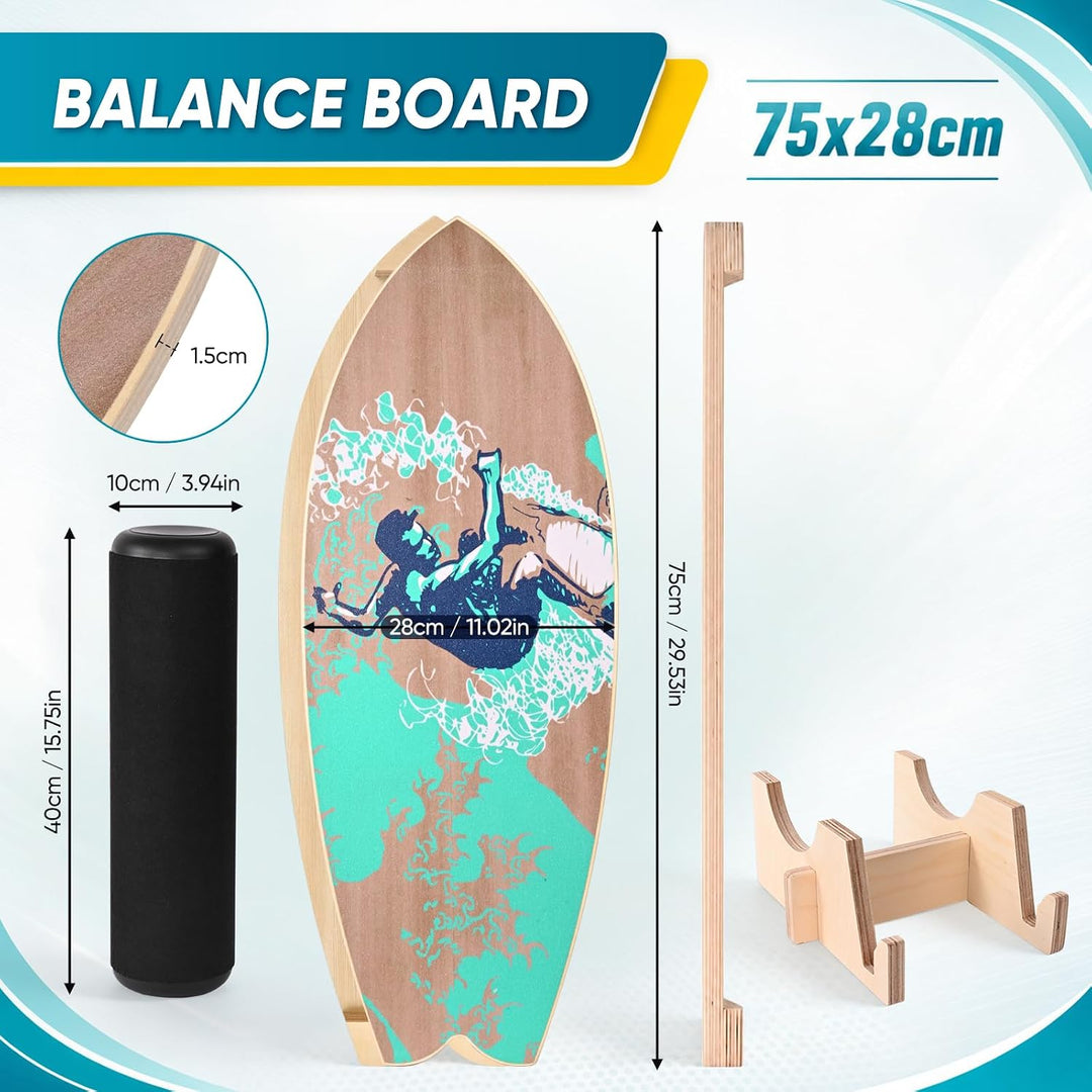 Balance Board 75x28cm 15mm Dickes, Tragfähigkeit 150Kg Holz Balanceboard Erwachsene Kinder mit Rolle