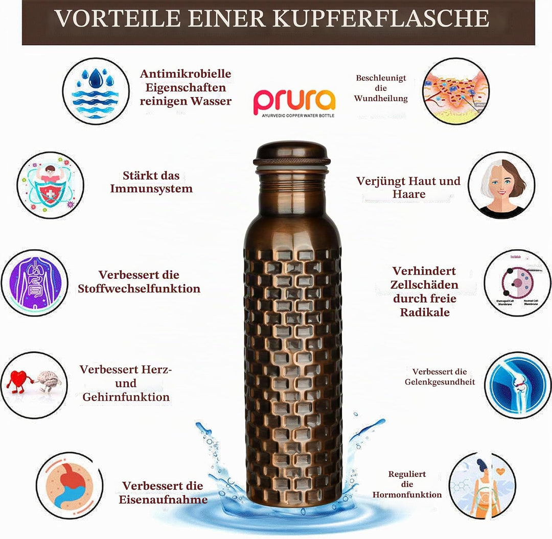 ayurvedische Kupfer-Wasserflasche, auslaufsicheres naturreines Kupfergefäss 900ml/30oz 900 ml Design