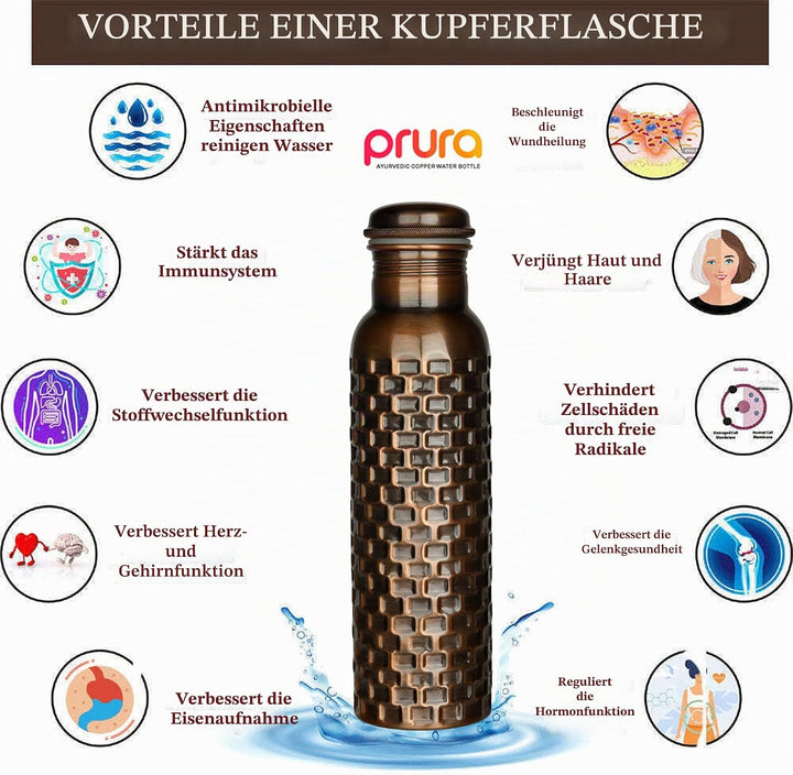 ayurvedische Kupfer-Wasserflasche, auslaufsicheres naturreines Kupfergefäss 900ml/30oz 900 ml Design