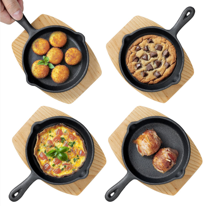 Navaris 4er Set Pfanne Gusseisen - Mit Holzboden - 15 cm Durchmesser- Gusseiserne Pfanne klein - Gus