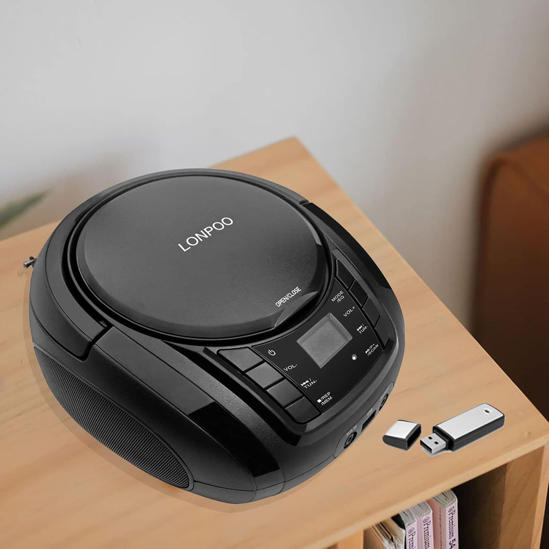 Tragbarer CD-Player Boombox mit FM-Radio/Bluetooth/USB/AUX-Eingang | 3,5 mm MIC & Kopfhöreranschluss