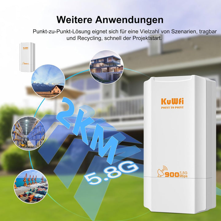 KuWFi Point to Point WLAN Bridge Outdoor, 5GHz, 867Mbps, PtP&PtMP, 2km Reichweite, PoE-betrieben, IP