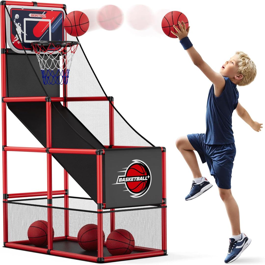 HYES Basketball Arcade Spiel, Kinder Basketballständer mit 4 Bällen, Single Shot Basketballkorb Indo