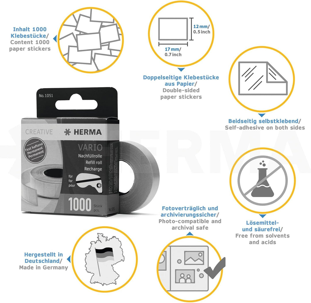 HERMA 10 x Nachfüllrolle für Vario-Klebespender fest haftend 1000 Klebestücke, 1051, weiss, 13x12mm