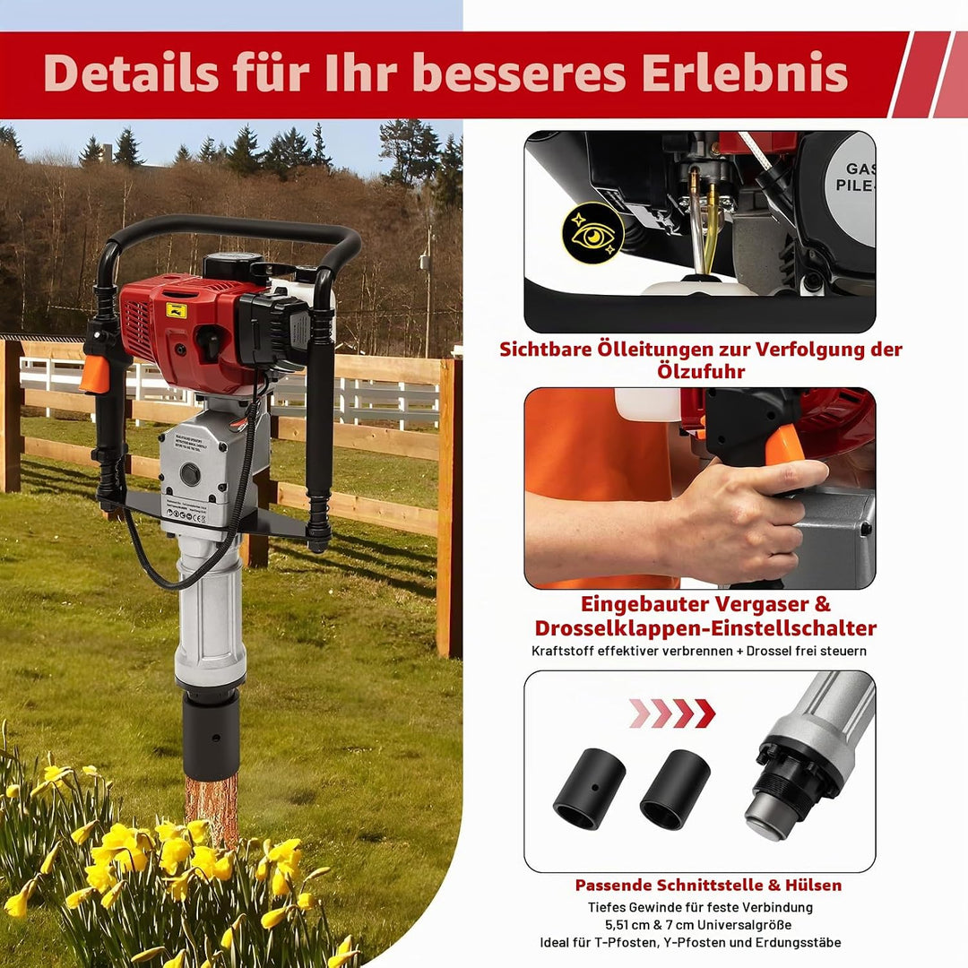 52CC Benzin T Pfostenramme 2 Takt Motor Benzin Pfahlramme 1900W Hand-Zug-Start Zaunpfahlramme Zweita