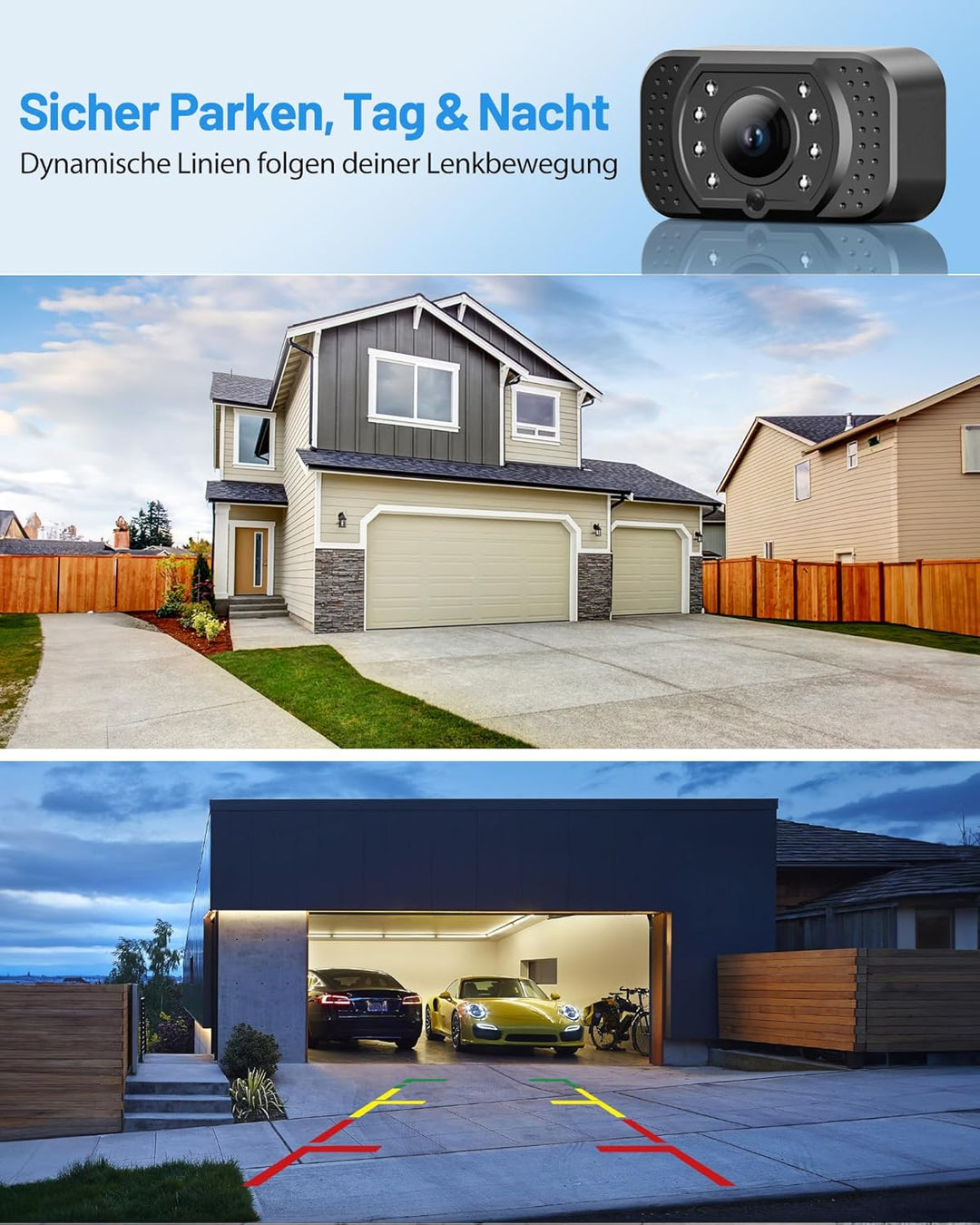 Rückfahrkamera Kabellos, 5" Digital Rückfahrkamera Set HD, Nachtsicht-Kit, Schnellinstallation, Stab