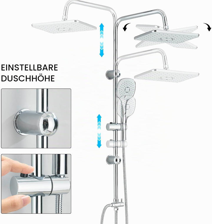 Feste Duschsäule mit Einhebelmischer, quadratischer Regendusche, 29 x 19 cm und Handbrause, komplett