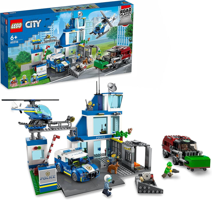 LEGO 60316 City Polizeistation mit Polizeiauto, Müllauto und Hubschrauber, Polizei-Spielzeug für Jun
