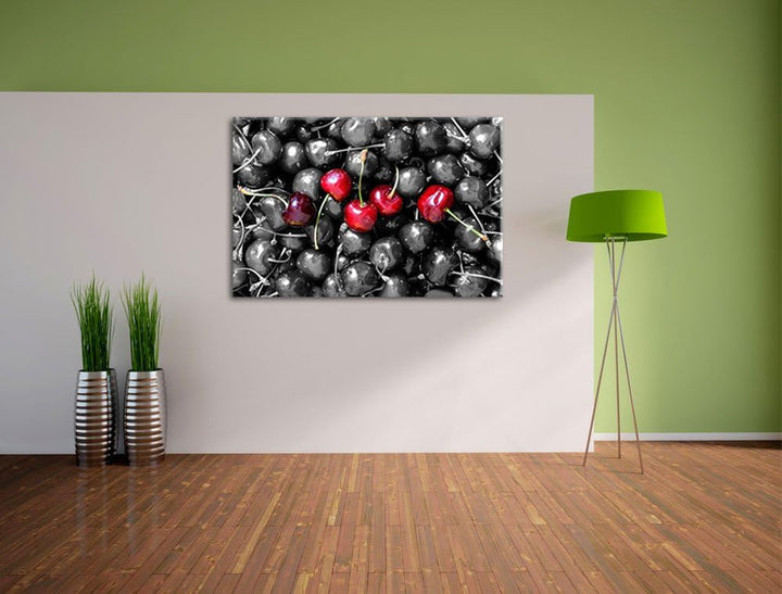 Viele leckere Kirschen schwarz/weiss Format: 100x70 auf Leinwand, XXL riesige Bilder fertig gerahmt