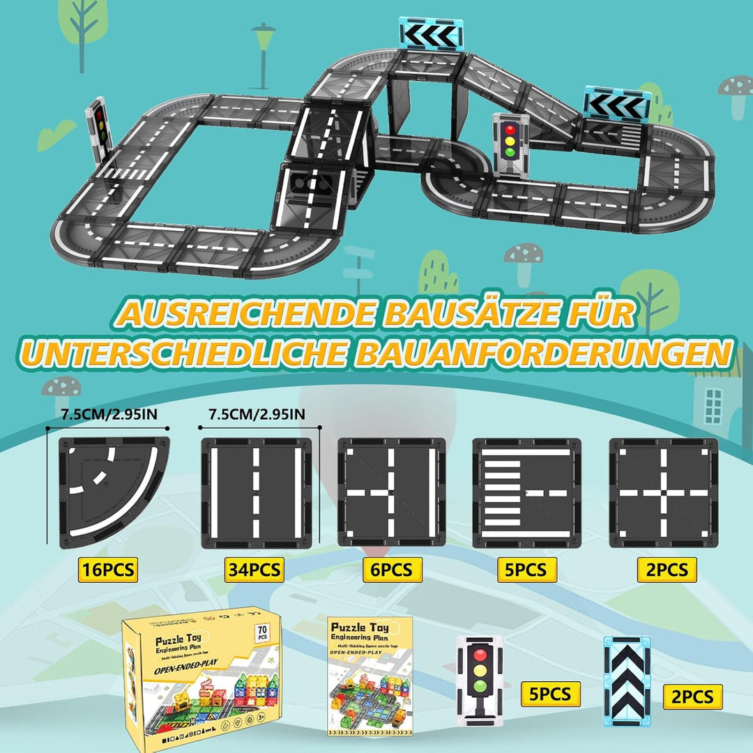 Magnetische Bausteine Strassenset, 70PCS Magnetische Fliesen Stadtstrassen, Magnetbausteine Strassen