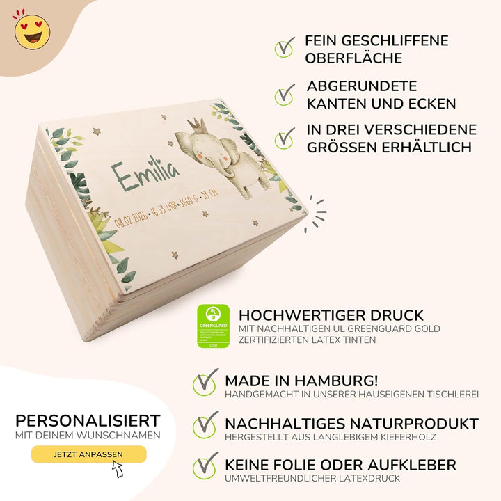 KIDSMOOD - Erinnerungsbox Baby, personalisierte Holzkiste mit Deckel, Ideal zur Aufbewahrung von Eri