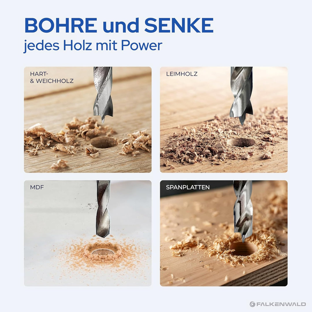 Falkenwald Holzbohrer Set 1-13mm + Kegelsenker 26tlg. - HSS-G Bohrerset für präzise und saubere Bohr