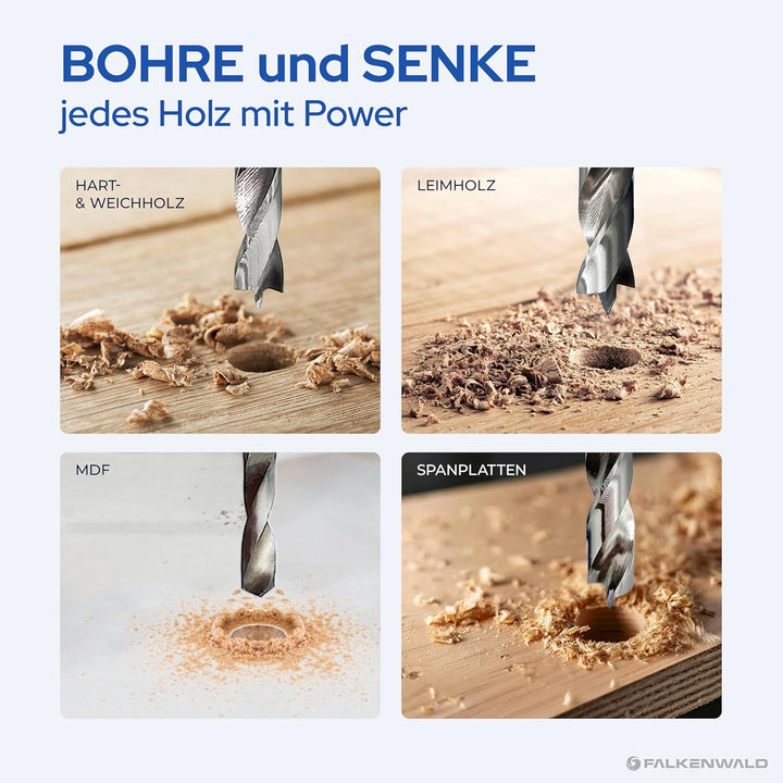 Falkenwald Holzbohrer Set 1-13mm + Kegelsenker 26tlg. - HSS-G Bohrerset für präzise und saubere Bohr