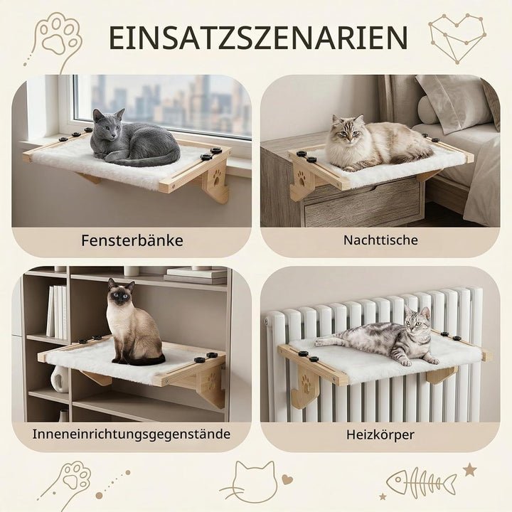 Heizungsliege Katze, Fensterbank Katzenliege Fenster aus Holz mit Waschbarem Plüschkissen, Katzenbet