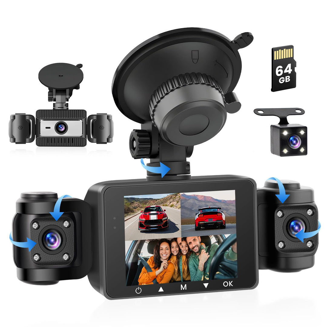 4 Kanal Dashcam Auto, 360 Grad Dashcam FHD 1080P Vorne Hinten Innen Links und Rechts mit 64GB SD Kar