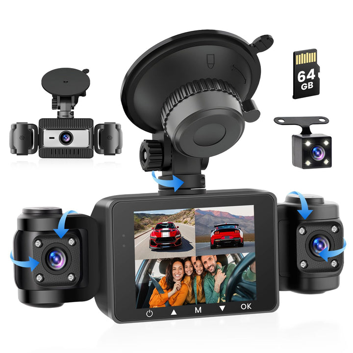 4 Kanal Dashcam Auto, 360 Grad Dashcam FHD 1080P Vorne Hinten Innen Links und Rechts mit 64GB SD Kar