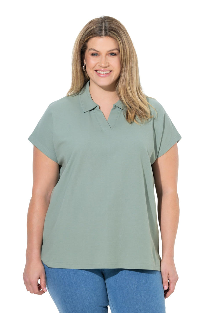 Ulla Popken Damen grosse Grössen Übergrössen Plus Size Poloshirt, Oversized, Polokragen, Halbarm, Bi