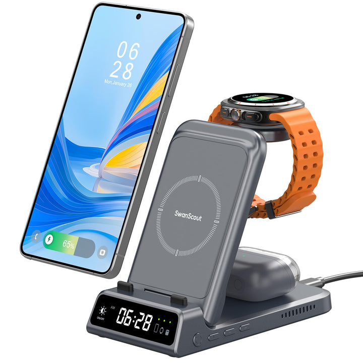 Induktive Ladestation für Samsung S25/Watch 8/8 Classic, SwanScout 703S, 3 in 1 Wireless Charger für
