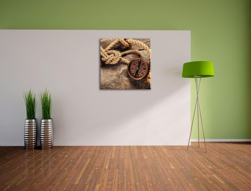 Pixxprint Schiffseil und Kompass als Leinwandbild/Grösse: 70x70 cm/Wandbild/Kunstdruck/fertig bespan