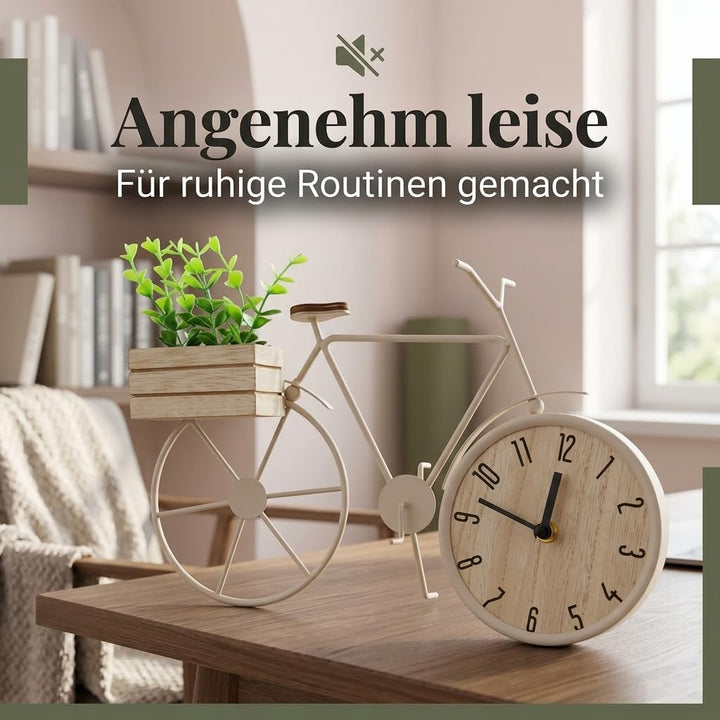 MIJOMA Tischuhr Fahrrad 34 x 24 cm – Metallrahmen mit Holzbox und Deko-Pflanze – analoges Zifferblat