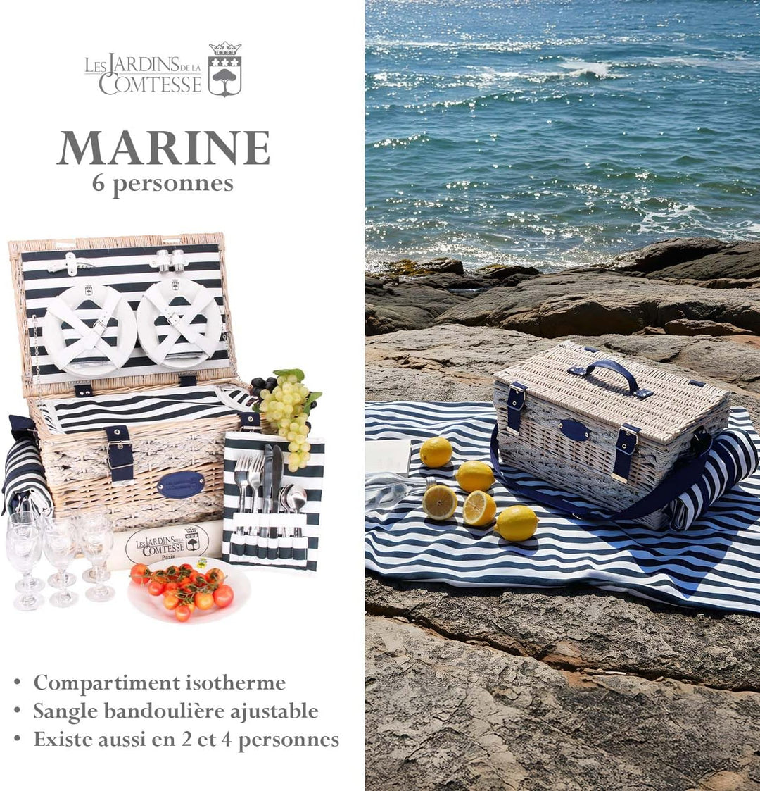 Les Jardins de la Comtesse - Picknickkorb Marine aus Weide - Komplett Für 6 Personen - Kühlfach - Ke