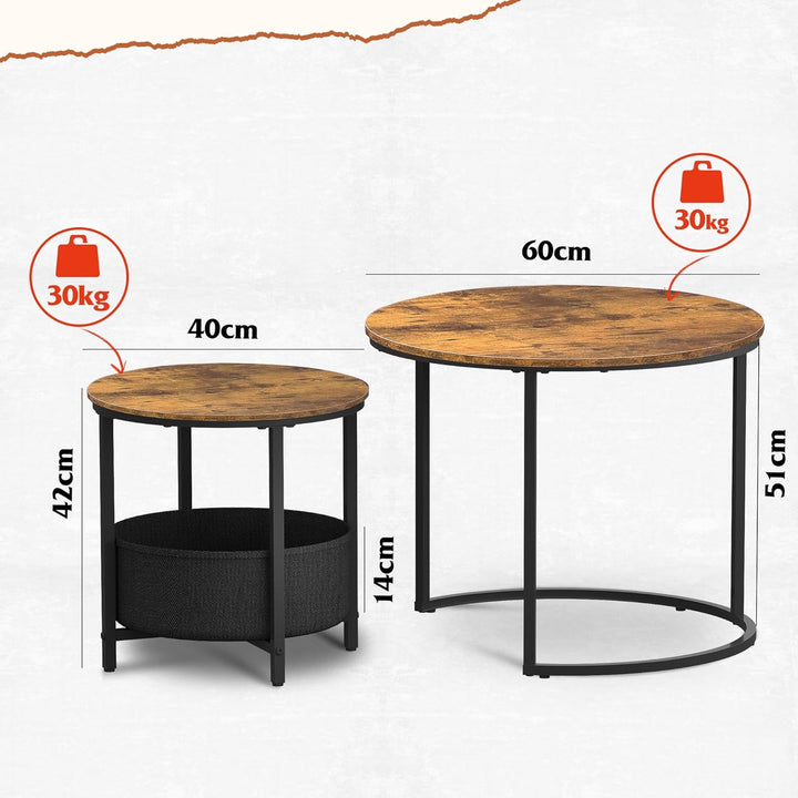 WLIVE Couchtisch 2er Set, Beistelltisch Rund mit Stauraum, Wohnzimmertisch Holz mit Metallrahmen, So