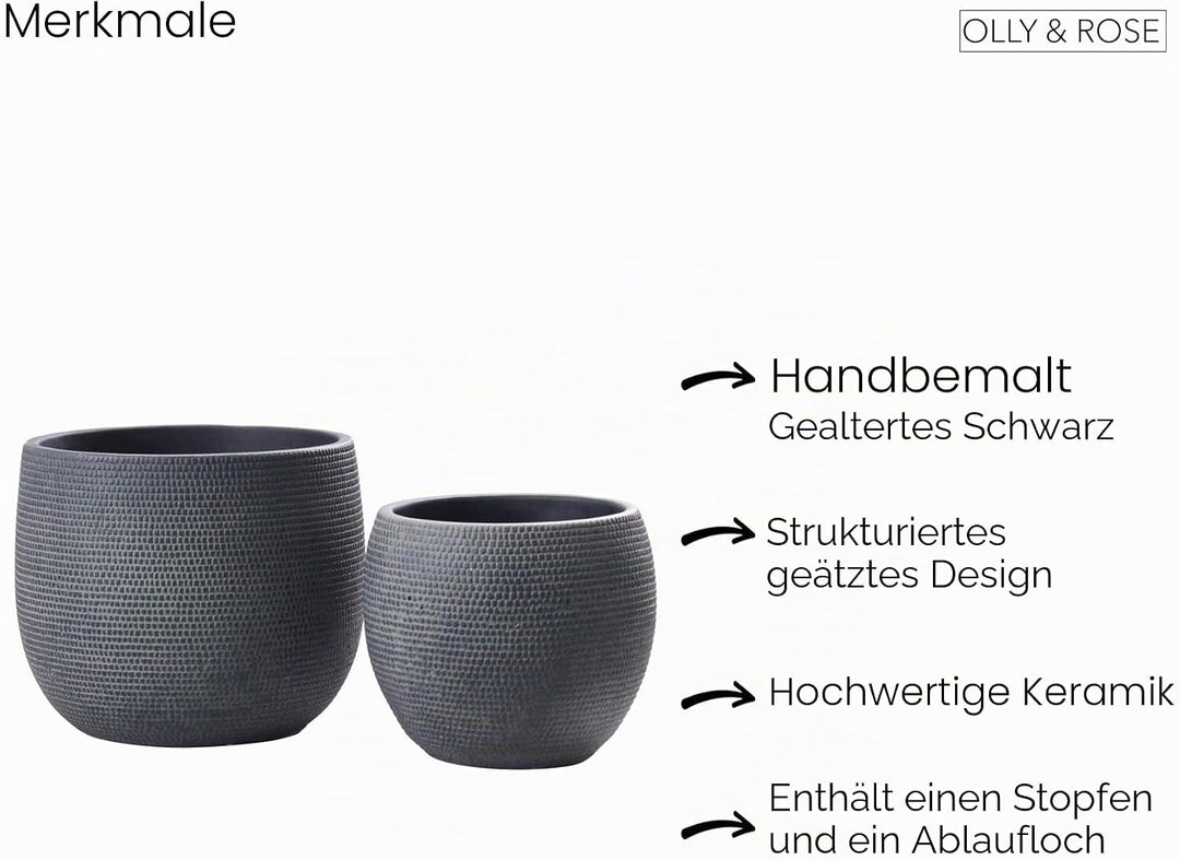 Olly & Rose Barcelona Keramik-Blumentopf-Set 2 – Pflanzgefässe für drinnen und draussen, Schwarz, Sc