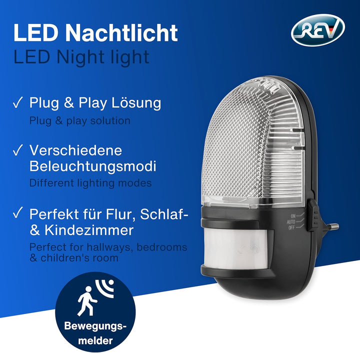 REV Nachtlicht - Steckdosenlampe mit Bewegungsmelder, Erfassungsbereich 110° bis zu 5m, LED Nachtlic