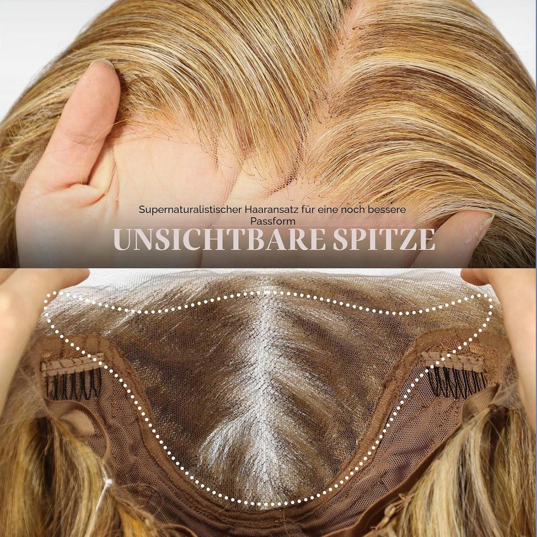 HAIRCUBE 13x6 HD Synthetische Lace-Front-Perücke, 24 Zoll blonde Highlights, lange lockige Stufenper