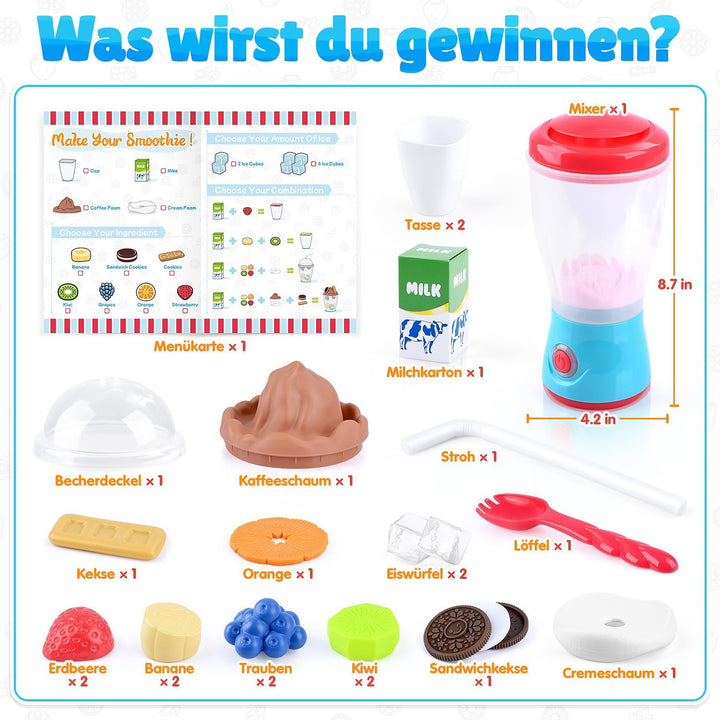 PLAY Smoothie Mixer für Kinder, Kinderküche Zubehör Set mit Mixer, Lebensmittel Spielzeug, Realistis