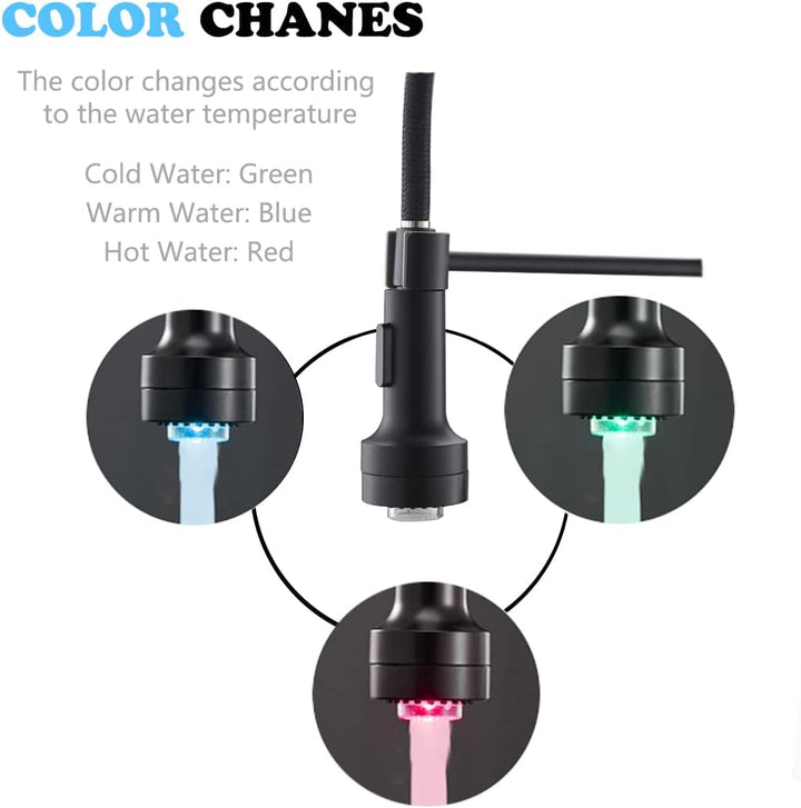 TIMACO LED Schwarz Küchenarmatur mit Spiralfeder,Wasserhahn Küchen 360°Schwenkbare Spültischarmature