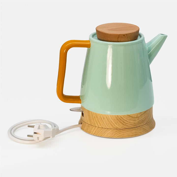 Elektrischer Keramik Wasserkocher 1,5L mint/holz – mit echtem Holzdeckel, 360° drehbarer Sockel, LED