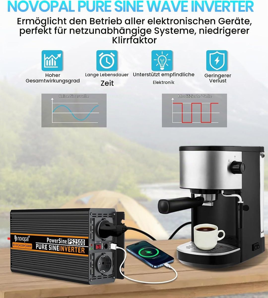 NOVOPAL 2500W Wechselrichter 12v Auf 230v Reiner Sinus Spannungswandler mit 2 EU-Steckdose und Einer