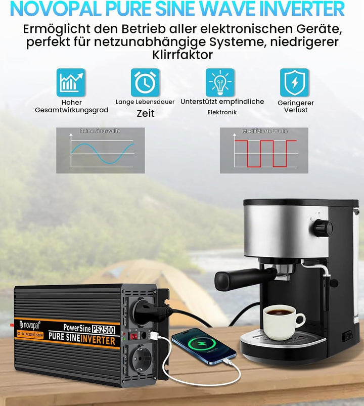 NOVOPAL 2500W Wechselrichter 12v Auf 230v Reiner Sinus Spannungswandler mit 2 EU-Steckdose und Einer