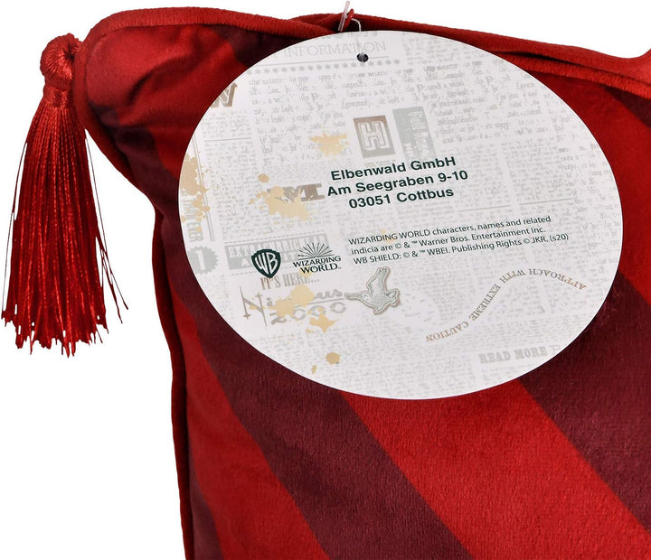 Elbenwald Harry Potter Kissen mit Quasten im Gryffindor Design mit gesticktem Wappenpatch in den Hau