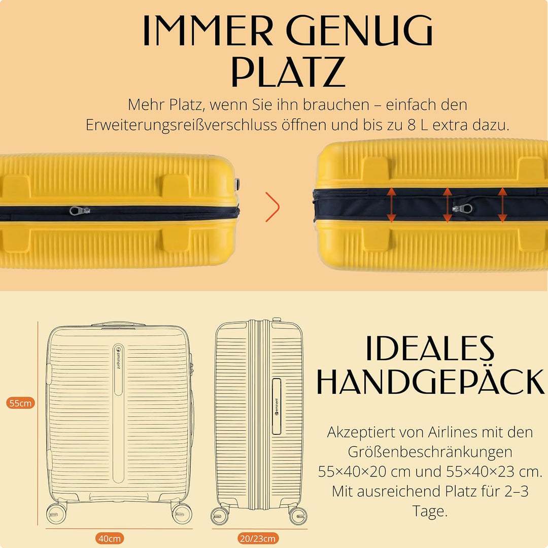 Eminent Finno Handgepäck Koffer 55x40x20 cm, Erweiterbar, Hartschalenkoffer, 4 Rollen, Leicht, TSA S