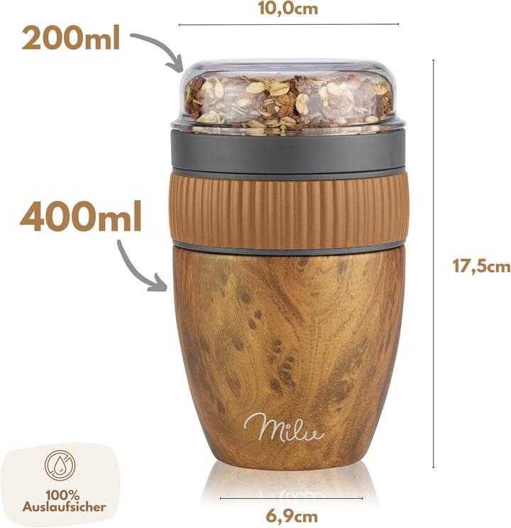 Milu Müslibecher to go 400ml "MüsliMax" I isolierter Edelstahl Joghurtbecher für Müsli I auslaufsich
