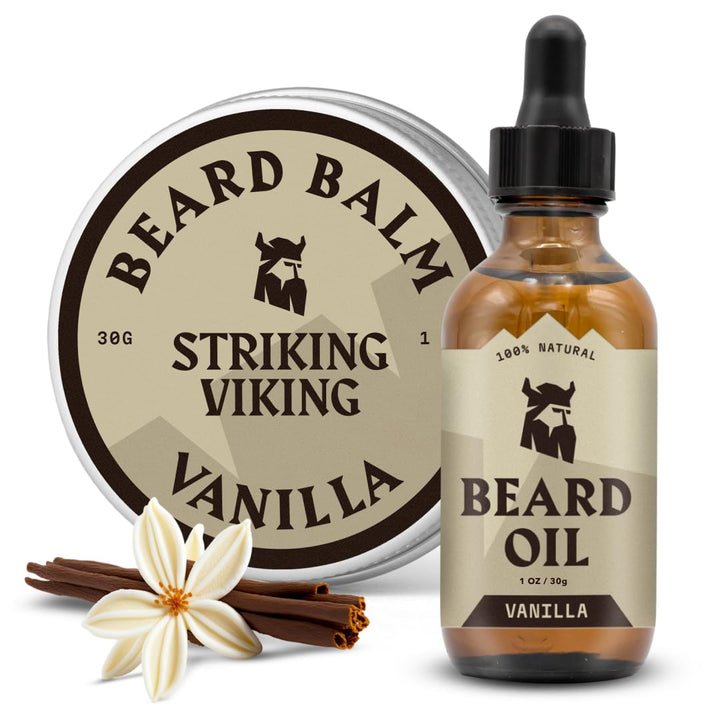 Striking Viking Bartpflege-Set mit Bartbalsam & Bartöl - 30 g / 30ml, Vanille - Bartöl mit Duft - Zä
