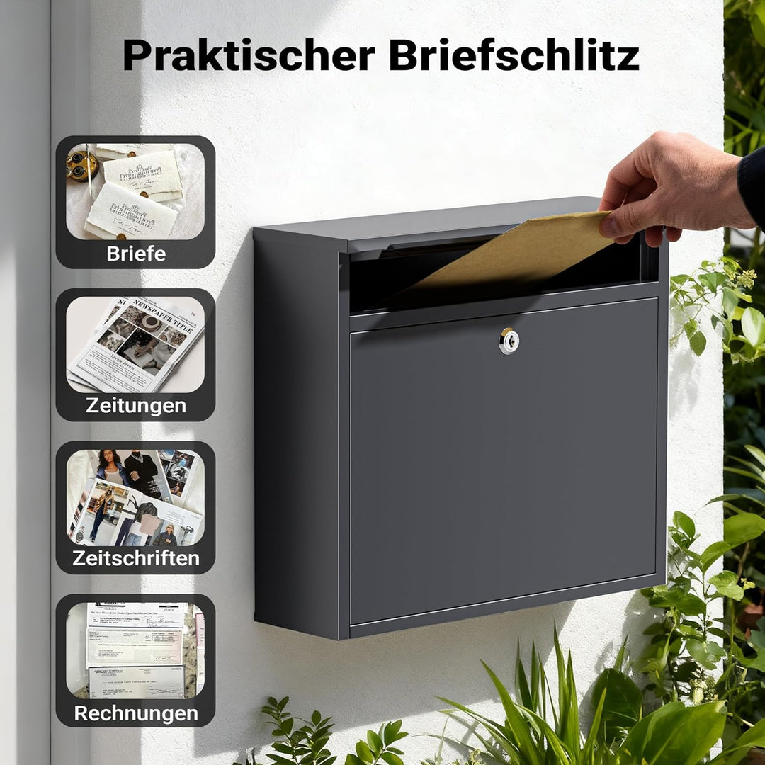 Wiltec Briefkasten V13 Anthrazit 360 x 105 x 315 mm, Wandbriefkasten mit Schloss und Klappe, Postkas