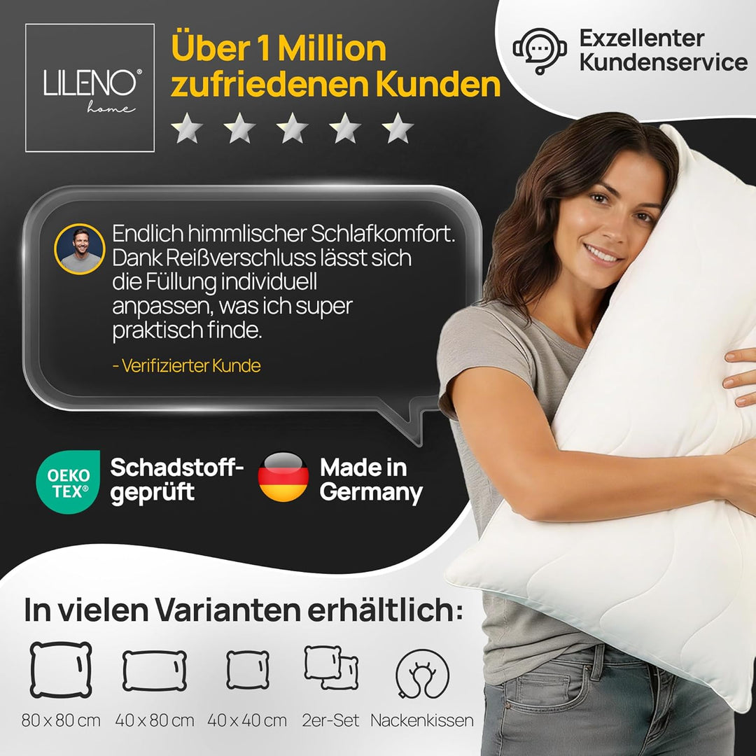 LILENO HOME Kopfkissen 40x90 cm [4er Set] als Kissen-Füllung - Bett oder Deko Kissen mit Reissversch