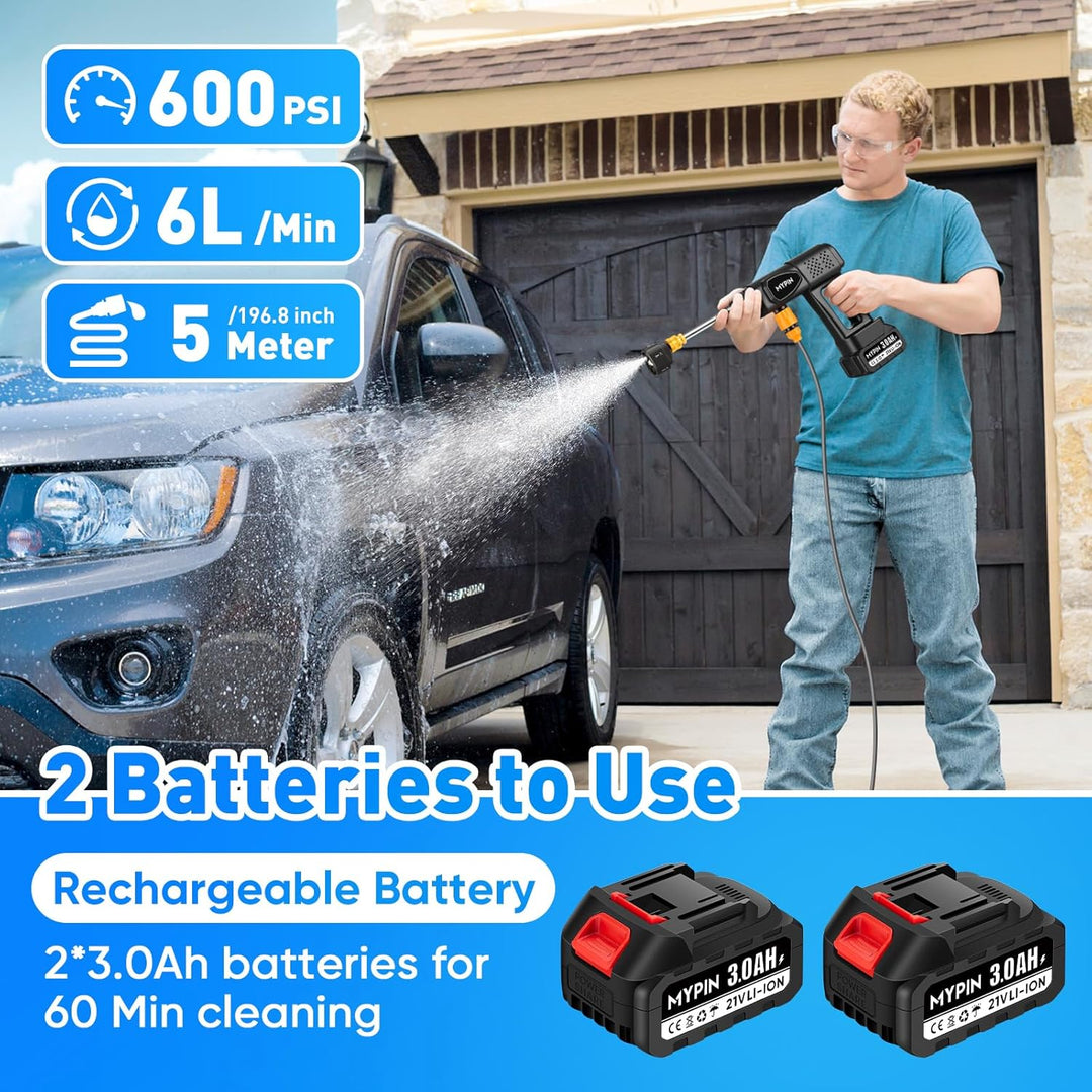 MYPIN Tragbarer kabelloser Hochdruckreiniger, 600 PSI 21V 2X wiederaufladbare Batterien Druckreinige
