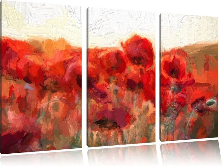 Pixxprint Feuriger Mohn Kunst / 3-Teilig/Gesamtmass 120cm Leinwandbild bespannt auf Holzrahmen/Wandb