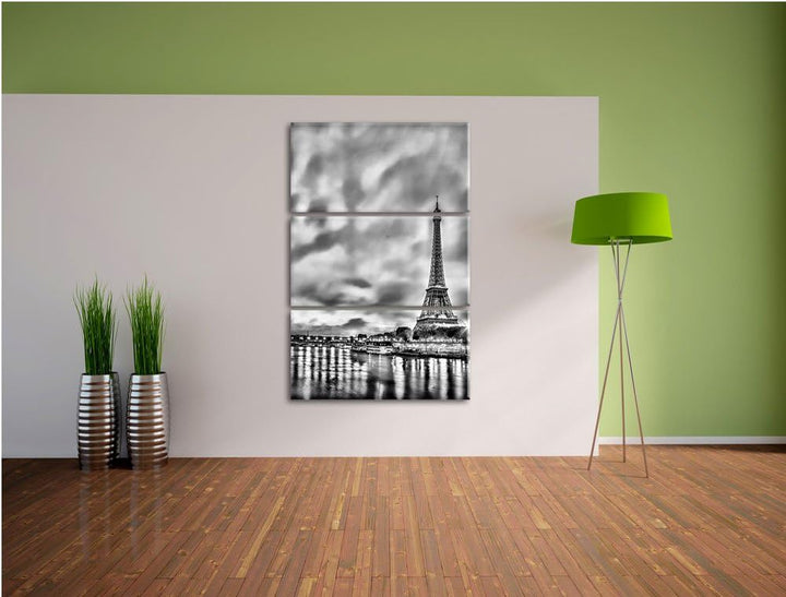Pixxprint Monocrome, Eifelturm Paris bei Nacht 3-Teiler Leinwandbild 120x80 Bild auf Leinwand