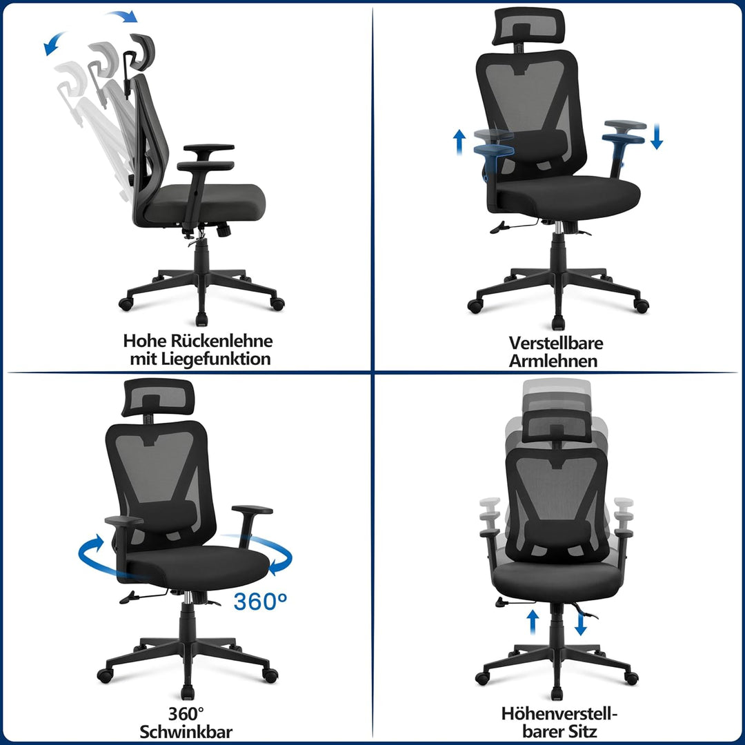 Yaheetech Bürostuhl Ergonomisch, Schreibtischstuhl mit Verstellbarer Kopfstütze, Armlehnen, Lendenwi