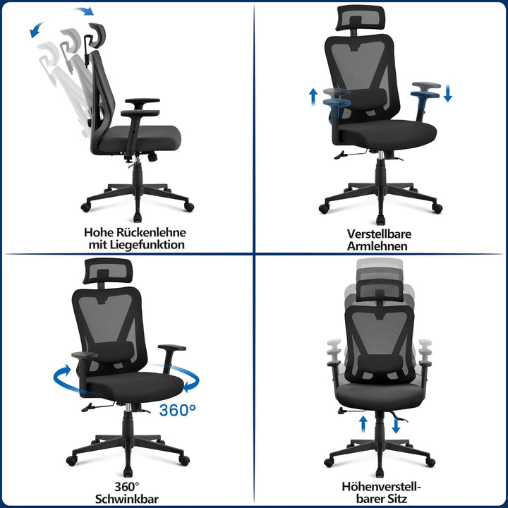 Yaheetech Bürostuhl Ergonomisch, Schreibtischstuhl mit Verstellbarer Kopfstütze, Armlehnen, Lendenwi